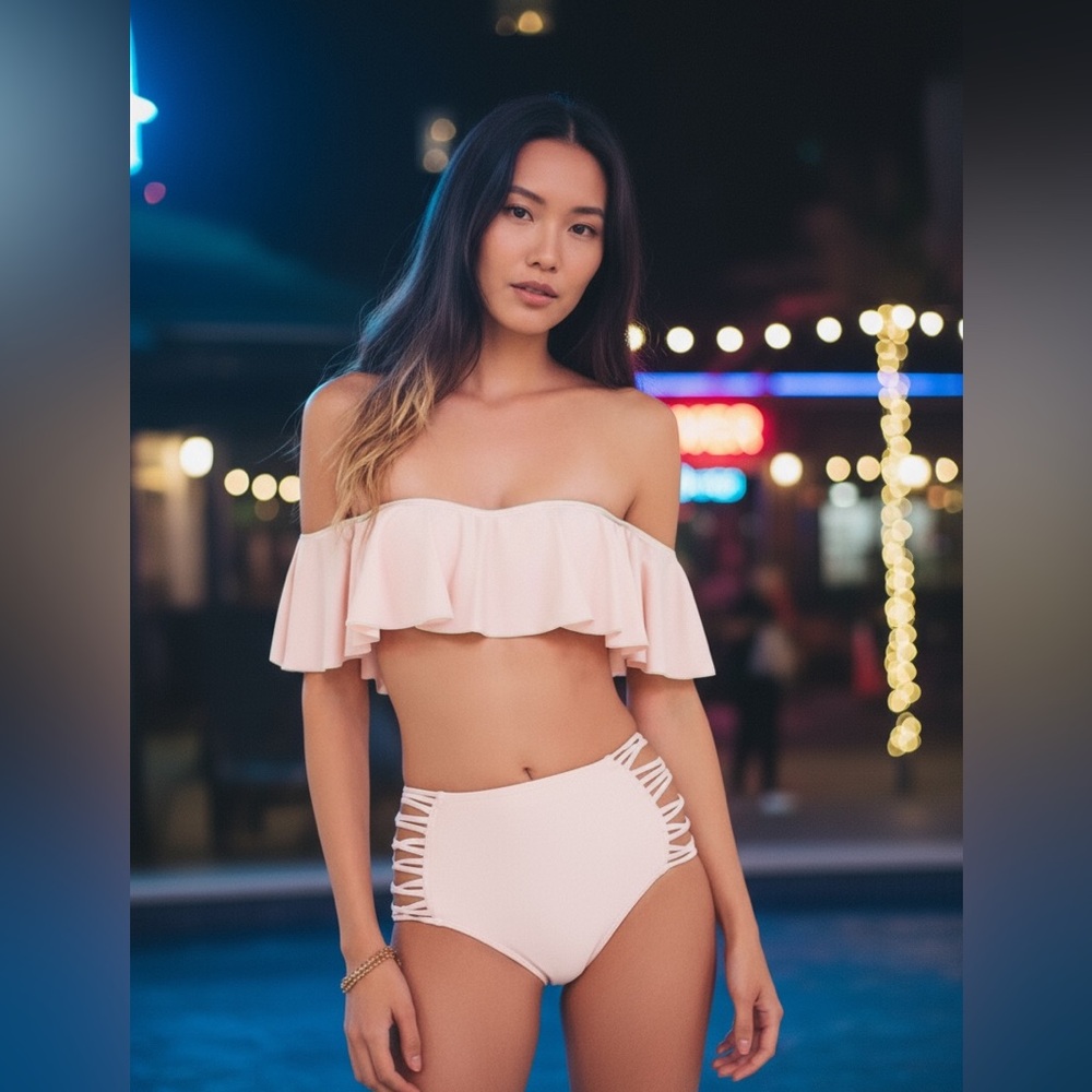NEW•L-XL•Soul Sunrise•Host Pick• Showstopper Pink Unique High Waist Bikini Set